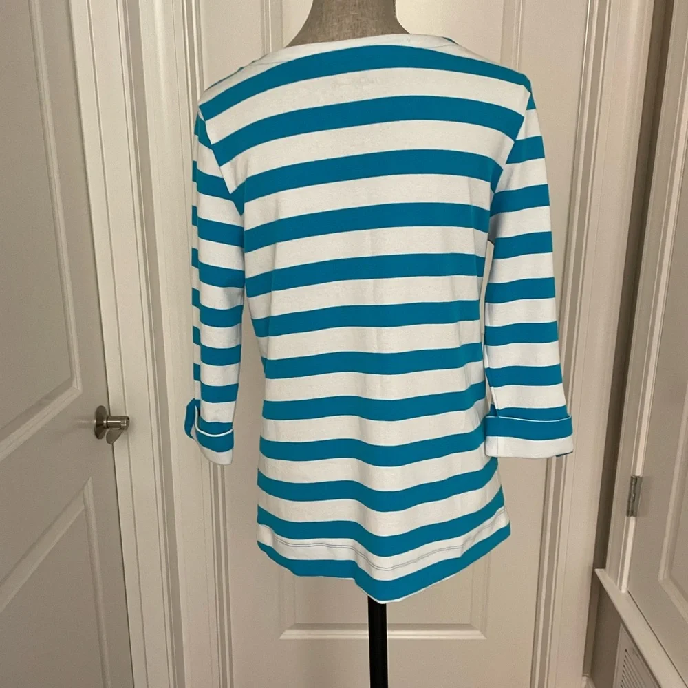 🌸🌸SALE! 4 FOR $20!PALM GROVE Teal&White Stripe Jeweled Turtle 3/4 Slv Top SzS - Picture 3 of 7